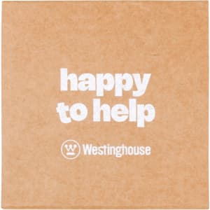 A square sticky note in kraft brown with white text, featuring a logo at the bottom.