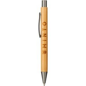 A bamboo ballpoint pen with a silver clip and ink tip, featuring a logo embossed on the barrel.
