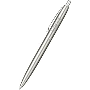 A recycled stainless steel ballpoint pen with a silver finish and a clip, featuring a logo.