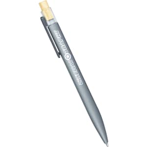 A recycled aluminium pen with a bamboo clicker in grey, featuring a branding logo on the side.