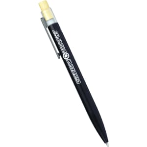 A black recycled aluminium pen with a bamboo clicker and a metal clip, featuring a logo on the barrel.