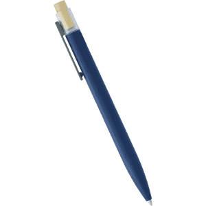 A navy blue recycled aluminium pen featuring a bamboo clicker and a metal clip. It has a sleek, modern design.