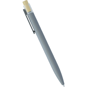 A grey recycled aluminium pen with a bamboo clicker and a silver clip. It features a minimalist design.