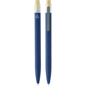 A navy blue recycled aluminium pen features a bamboo clicker and a clip, showcasing an eco-friendly design.
