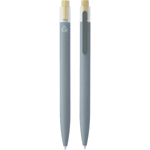Recycled aluminium pen with bamboo clicker. Grey body with bamboo accents. Includes a logo.
