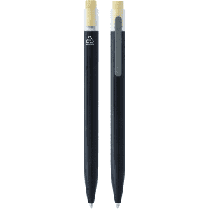 Recycled aluminium pen with bamboo clicker, featuring a sleek black design and a logo on the side.