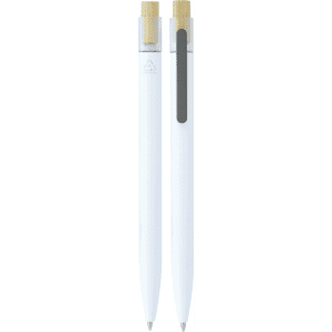 Recycled aluminium pen with bamboo clicker in white. Features a logo and sleek, minimalist design.