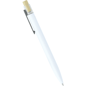 A white recycled aluminium pen with a bamboo clicker and a silver clip. The pen has a minimalist design.