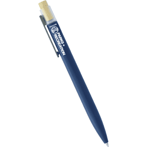 A blue recycled aluminium pen with a bamboo clicker and a clip, featuring a logo on the barrel.