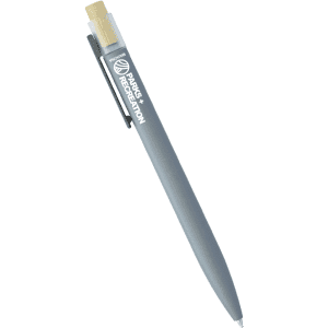 A recycled aluminium pen in grey with a bamboo clicker and a logo on the side.
