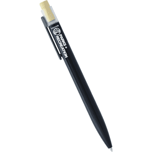 A black pen with a bamboo clicker, featuring a logo, made from recycled aluminium.