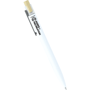 A white aluminium pen featuring a bamboo clicker and a logo on the side.