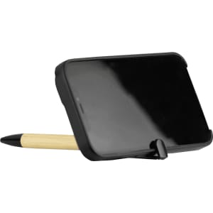 A black phone holder with a bamboo pen attached, featuring a sleek design and a logo on the holder.