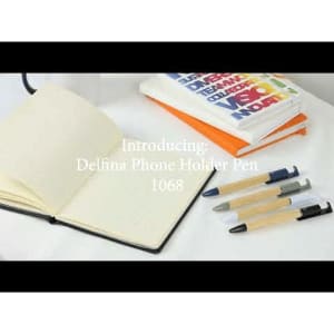 A selection of pens in blue, black, and cream, alongside a black notebook and colourful notebooks.