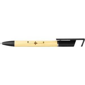 A bamboo pen with a black top and clip, featuring an aircraft design on the barrel, and a logo.