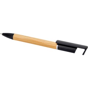 A pen with a bamboo barrel and black accents, featuring a clip for attachment. It has a logo displayed on the barrel.