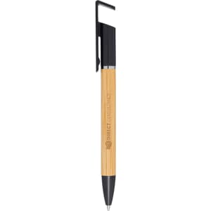 A bamboo and black pen with a clip and branding on the barrel. Designed for easy holding and writing.