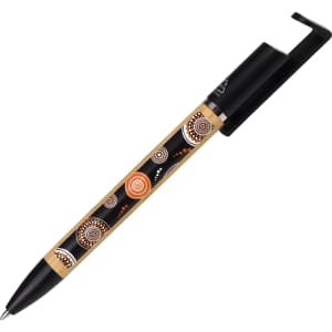 A decorative pen featuring a black and natural wood design with circular patterns, along with a branding logo.