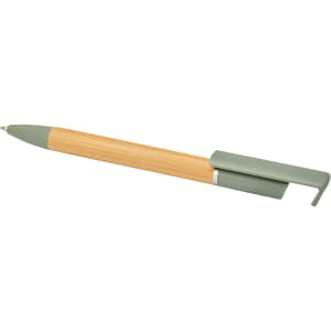 A bamboo pen with a green cap and clip. It features a sleek design and includes a logo.