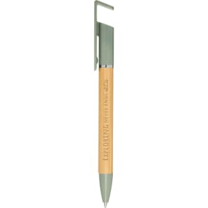 A green and natural bamboo pen with a clip and branding. Designed as a multifunctional phone holder.