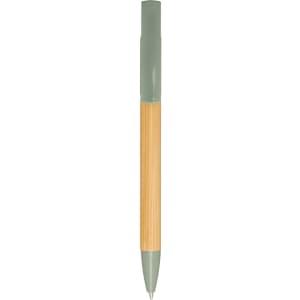 A pen with a bamboo body and a green plastic top, featuring a clip and a logo.