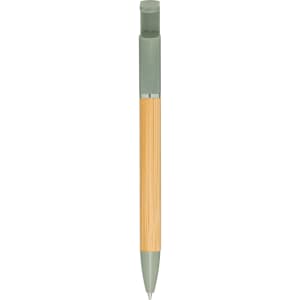 A pen with a bamboo barrel and green accents, featuring a logo. It has a modern design suitable for promotional use.