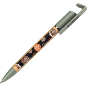 A green pen with a decorative pattern featuring earthy tones and circular designs, including a clip for holding.