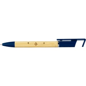 A bamboo pen with a blue clip and tip, featuring an engraved design and a branding logo.