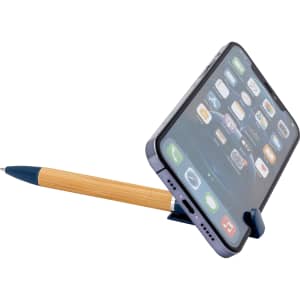 A blue pen with a bamboo body holding a smartphone upright, showcasing its sleek design and functionality.