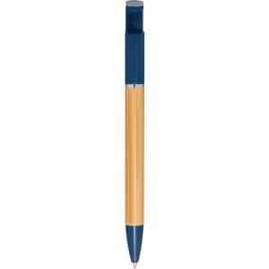 A bamboo and navy pen with a sleek design and a silver clip, featuring a branding logo.