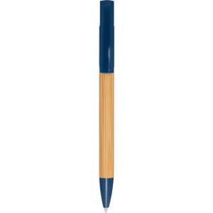 A pen with a bamboo body and navy blue cap, featuring branding on the side.