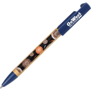 A pen with a blue top and barrel featuring Aboriginal-inspired designs in earthy tones, with a logo on the side.