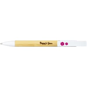 A bamboo pen featuring white accents and a logo, designed as a phone holder.