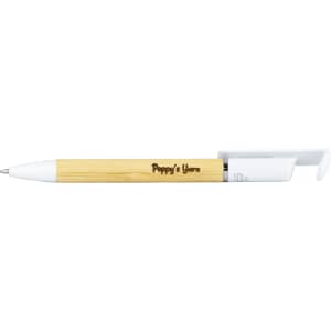 A bamboo pen with a white tip and clip, featuring a logo on the barrel.