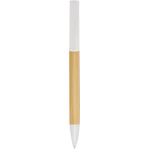 A pen with a bamboo body and white accents, featuring a logo on the surface.