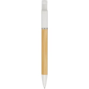 A pen featuring a bamboo body and a white top, complemented by a logo.