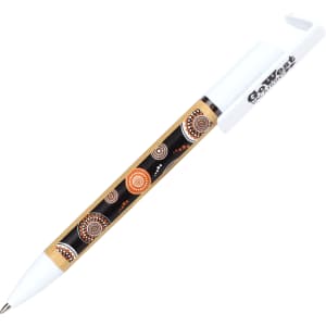 A pen with a white body featuring an Aboriginal-inspired design in black, orange, and brown. It has a logo on the clip.