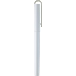 A white gel rollerball pen with a clip, featuring a smooth, sleek design. It has a logo on the body.