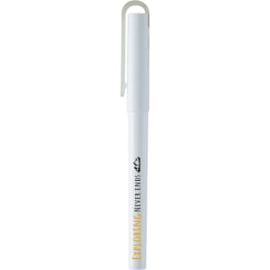 A white gel rollerball pen, featuring a clip and logo, with a sleek design.