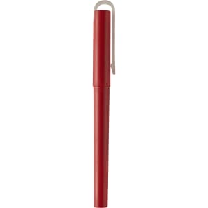 A red gel rollerball pen with a light-coloured clip and a simple design. It features a logo on the barrel.