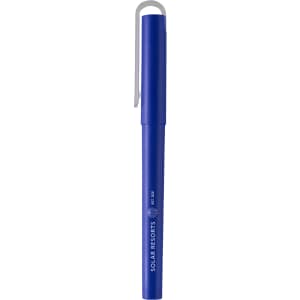 A blue recycled PET gel rollerball pen with a white clip and logo.