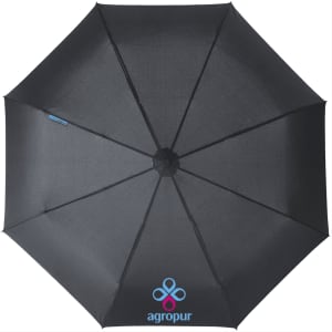 A black foldable auto open/close umbrella with a central hub and a logo on the underside.