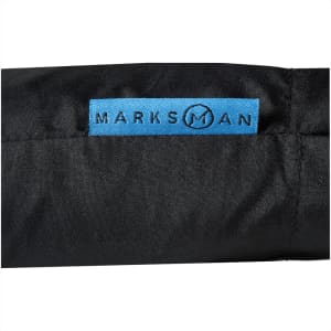 A black umbrella with a blue logo tag attached, featuring a foldable design for convenience.