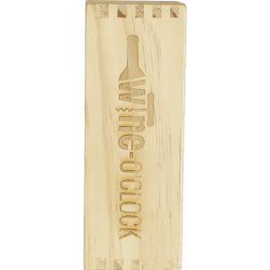 A wooden wine bottle holder with an engraved design, featuring a logo and a natural wood finish.