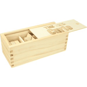 A wooden puzzle set in a light wood box with compartments, featuring a sliding lid and a logo.