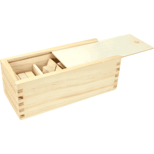A wooden box containing three brain teaser puzzles, featuring natural wood tones and a sliding lid.