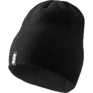 A black unisex beanie with a snug fit, featuring a small logo on the side.