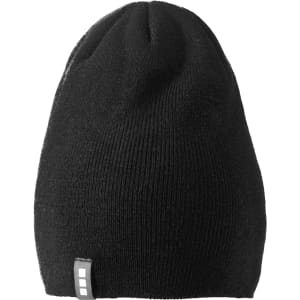 A black unisex beanie featuring a small logo on the side, designed for headwear.