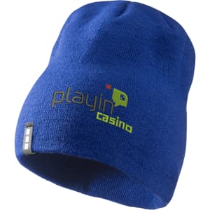 A blue unisex beanie with a logo on the front, featuring a snug fit design.