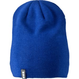 A blue unisex beanie with a fitted design and a small logo on the side.